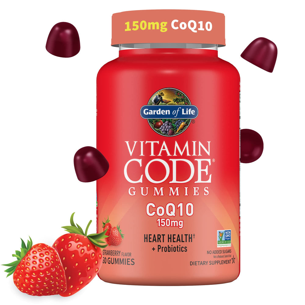 Garden of Life Vitamin Code CoQ10 Gummies bottle with strawberry flavor for heart support.