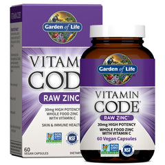 Garden of Life Vitamin Code Raw Zinc bottle, showing vegan capsules for immune support.
