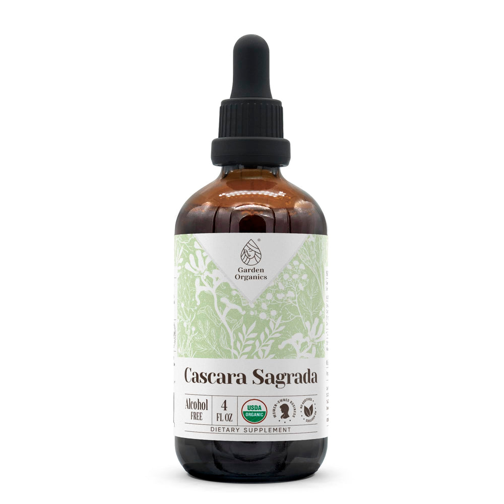 Garden Organics Cascara Sagrada bottle label showing organic, alcohol-free extract ideal for daily use.