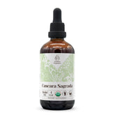 Garden Organics Cascara Sagrada bottle label showing organic, alcohol-free extract ideal for daily use.