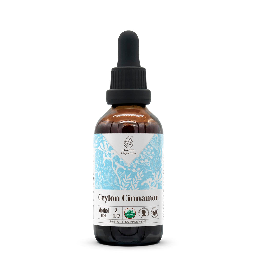 Garden Organics Ceylon Cinnamon extract bottle showing organic, alcohol-free formula for daily wellness