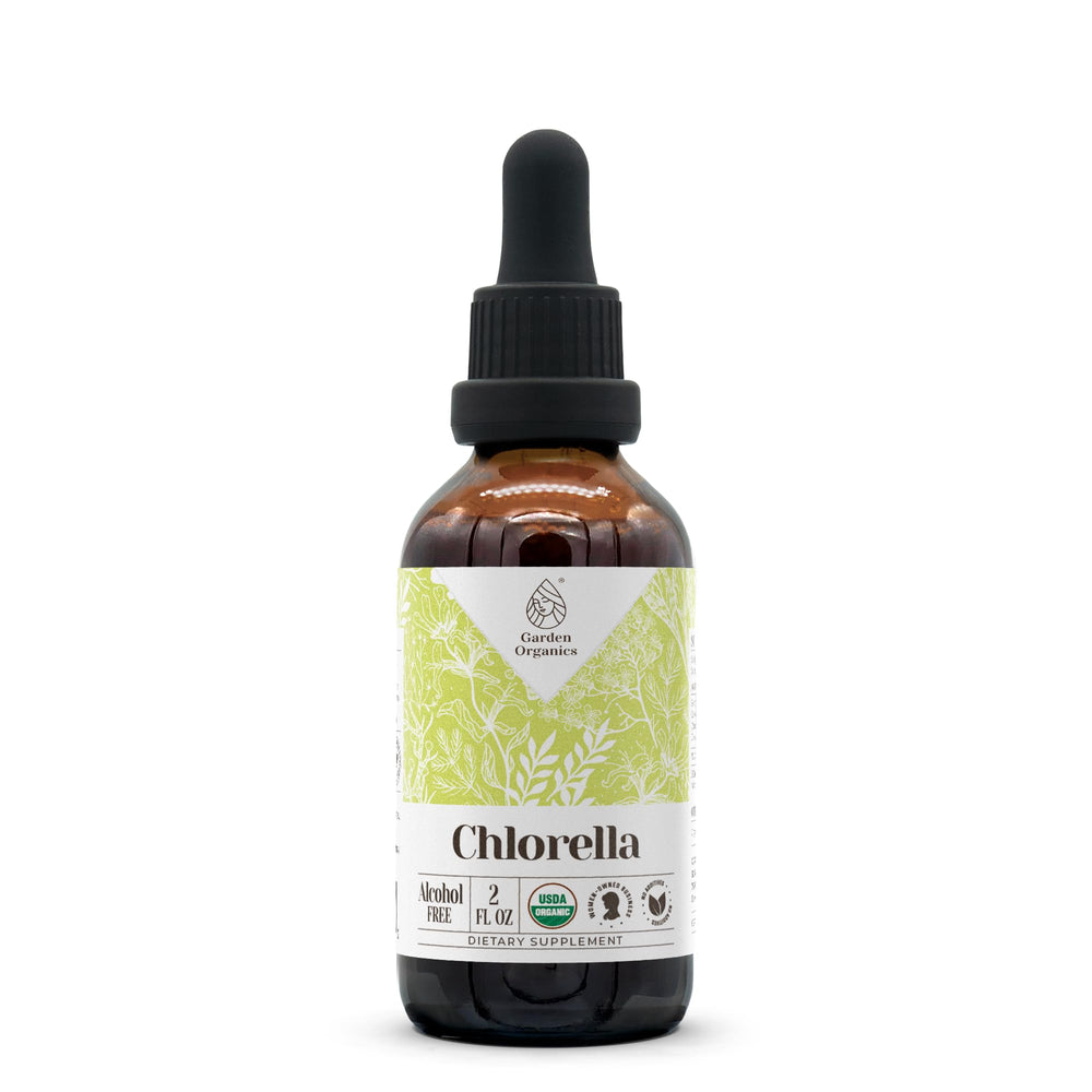 Garden Organics chlorella extract bottle on white background emphasizing purity and potency