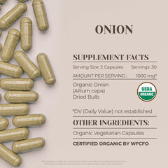 Garden Organics Onion capsules pouring into a hand, easy daily intake.