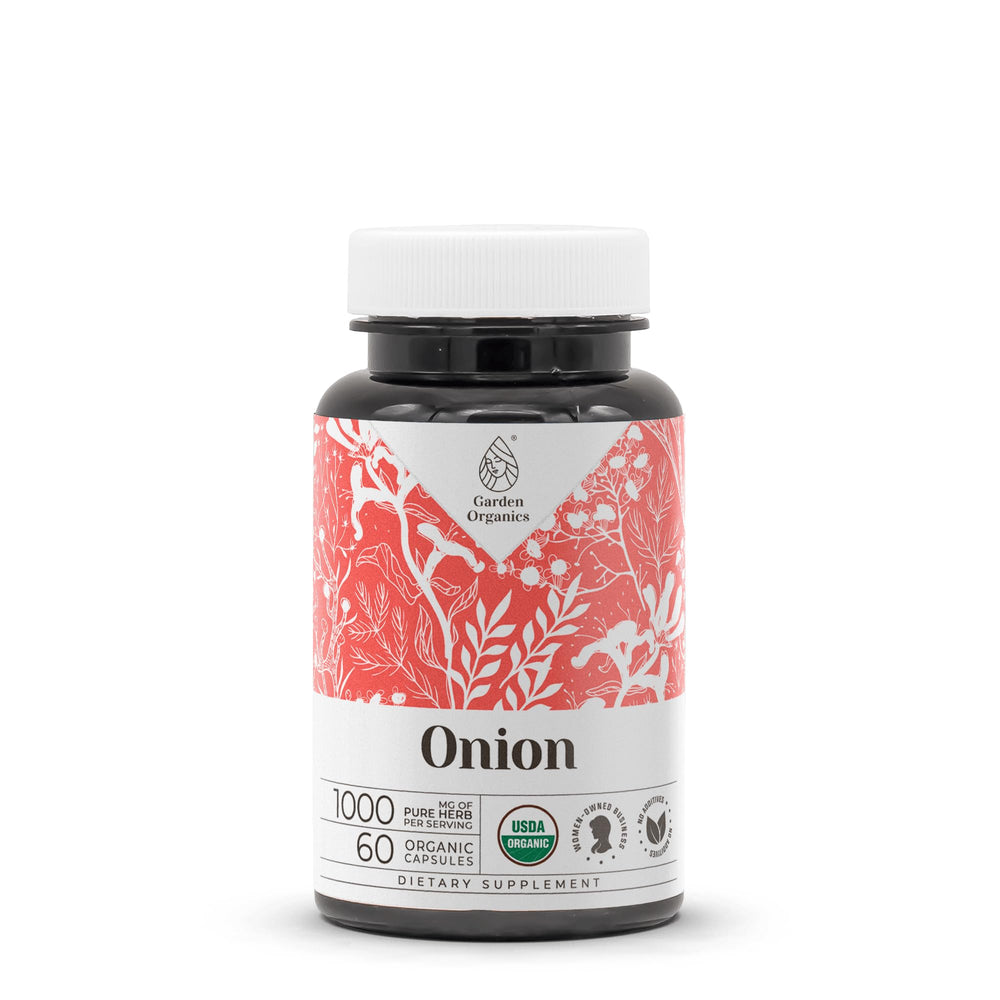 Garden Organics Onion bottle close-up, USDA Organic 60 capsules for daily vegetarian use.