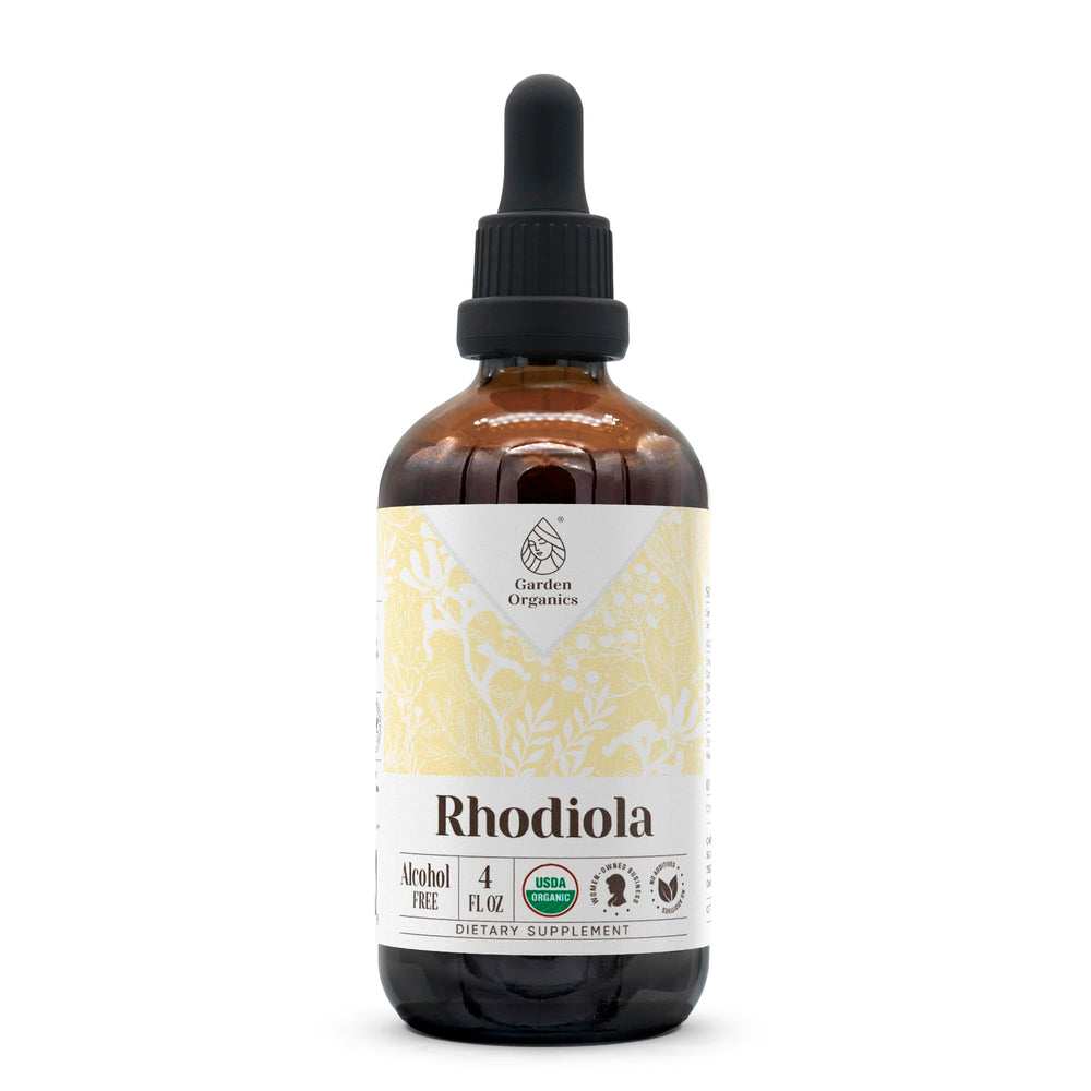 Garden Organics Rhodiola tincture bottle with dropper for daily mood support.