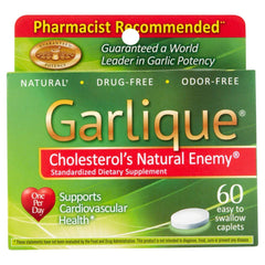 Garlique Healthy Cholesterol Formula bottle with odor-free allicin caplets for daily support