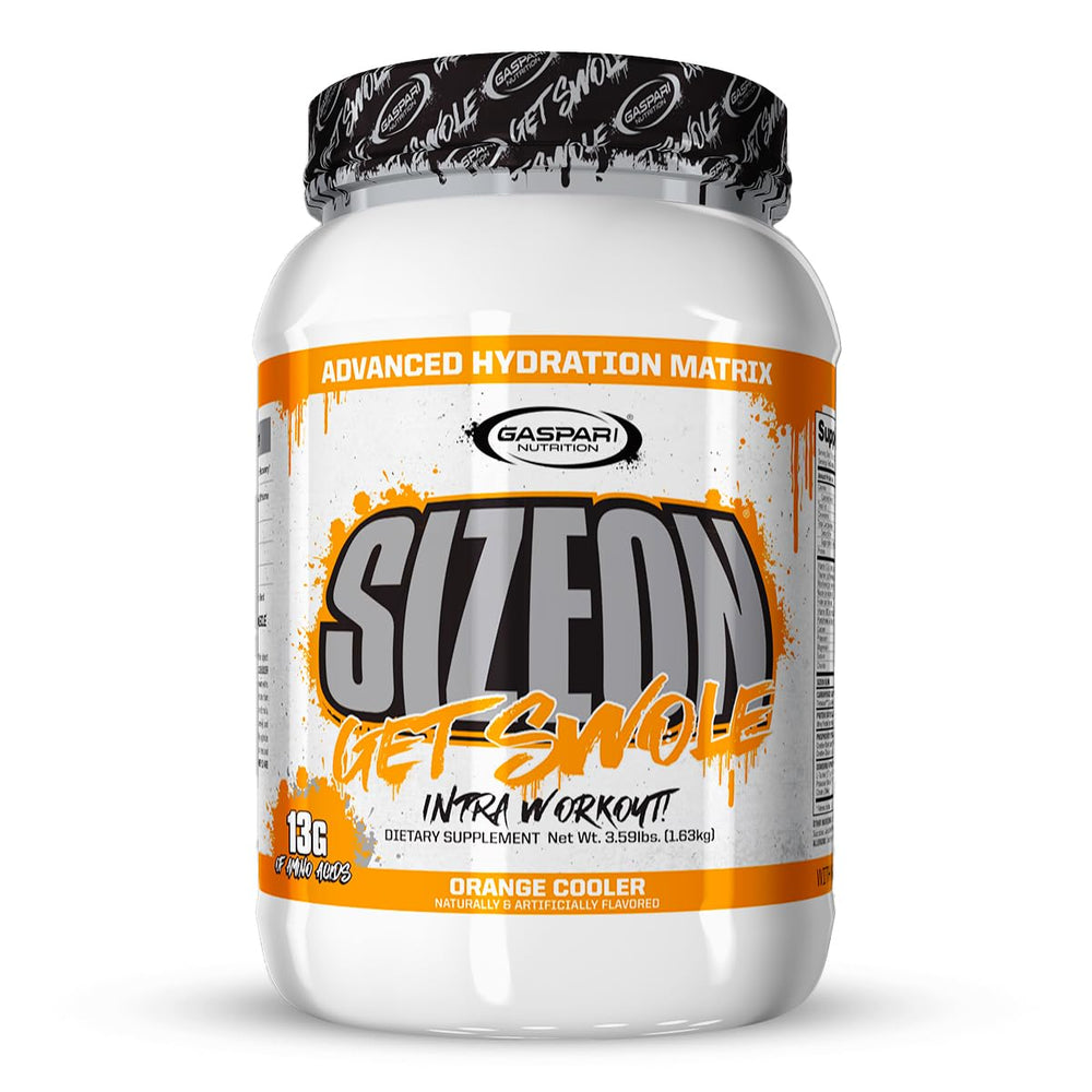 Gaspari SizeOn orange cooler bottle for intra-workout hydration and recovery.