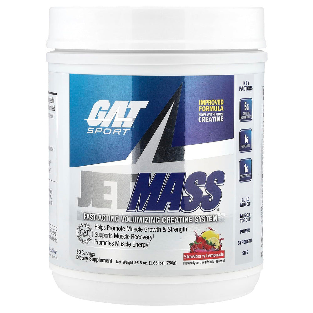 GAT SPORT JetMass bottle pouring strawberry lemonade for quick pre-workout fueling