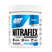 GAT SPORT Nitraflex blue raspberry tub viewed from top, showcasing flavor and premium formula.