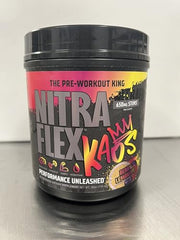 GAT SPORT Nitraflex KAOS Berry Lemonade scoop highlights quick mix for intense sessions.