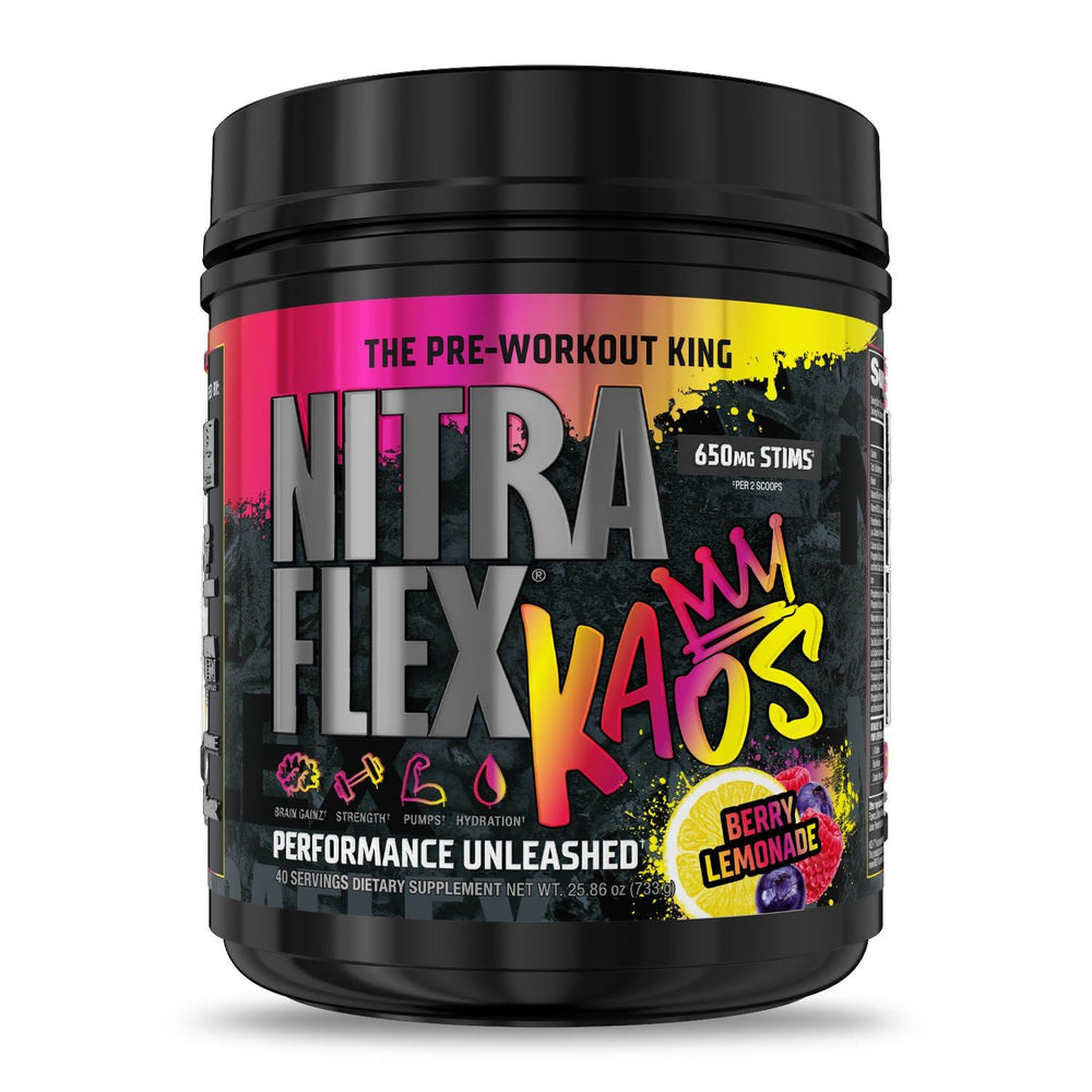 GAT SPORT Nitraflex KAOS Berry Lemonade tub front for bold pre-workout energy potential.