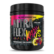 GAT SPORT Nitraflex KAOS Berry Lemonade tub front for bold pre-workout energy potential.