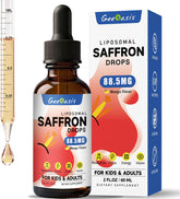 Geeoasis saffron drops bottle highlights liposomal formula for focus and energy.