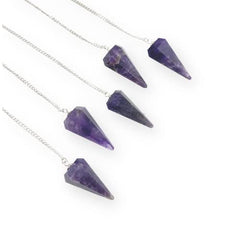GEMSCITE amethyst pendulum with chain and clear quartz bead for mindful practice.