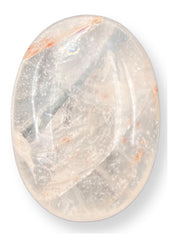 GEMSCITE clear quartz palm stone 2in held for relaxed focus and calm.