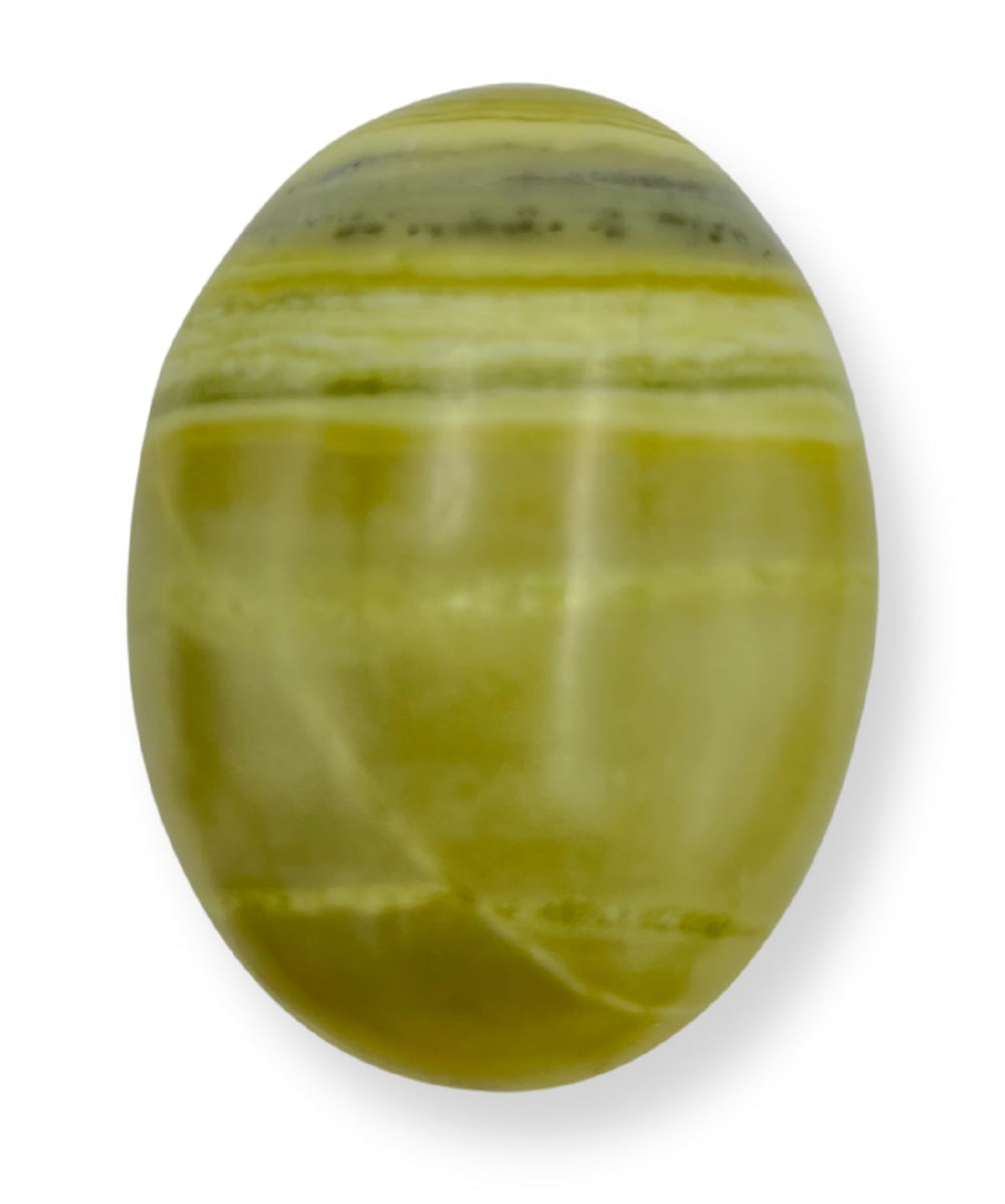 GEMSCITE serpentine palm stone, carved detail for calm focus during meditation.