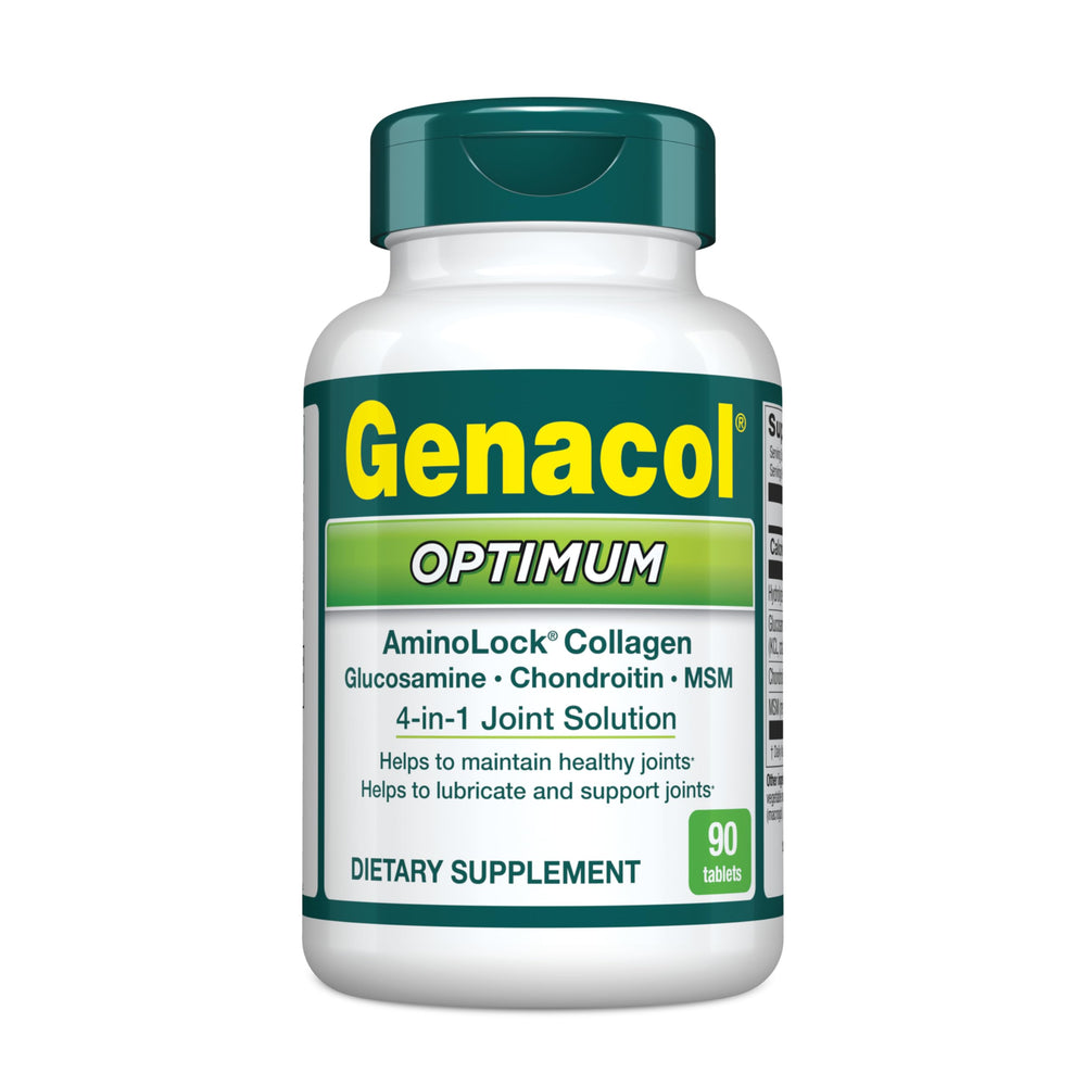 Genacol Optimum bottle front view with 90 tablets for joint support.