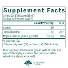 Genestra Brands Magnesium Glycinate Liquid pour glass emphasizes convenient use anytime for metabolism support.