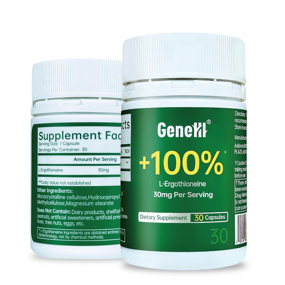 GENEIII L-Ergothioneine bottle-front showing 30 mg per serving for daily antioxidant support.