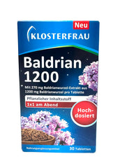 Generic Baldrian 1200 bottle packshot showing a vegan, lactose-free formula for nightly relaxation