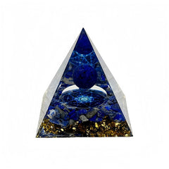 Generic Handmade Orgone Pyramid amethyst-obsidian closeup on desk; boosts focus and calm