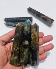 Generic Labradorite obelisk closeup, promotes calm energy in workspace.
