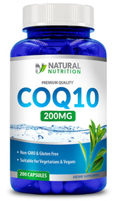 Generic Natural Vitamin CoQ10 200mg bottle with easy-to-swallow capsules for daily energy support.