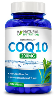 Generic Natural Vitamin CoQ10 200mg bottle with easy-to-swallow capsules for daily energy support.
