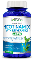Generic Nicotinamide with Resveratrol bottle front view highlighting 120 veggie capsules for daily vitality.