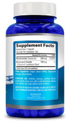 Generic Nicotinamide with Resveratrol bottle displays gluten-free and Non-GMO badges for clean nutrition.