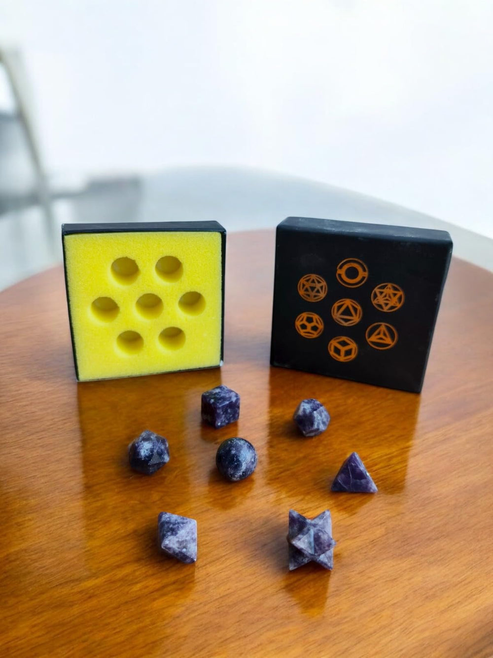 Generic Sodalite sacred geometry set with seven stones and box, elegant display option