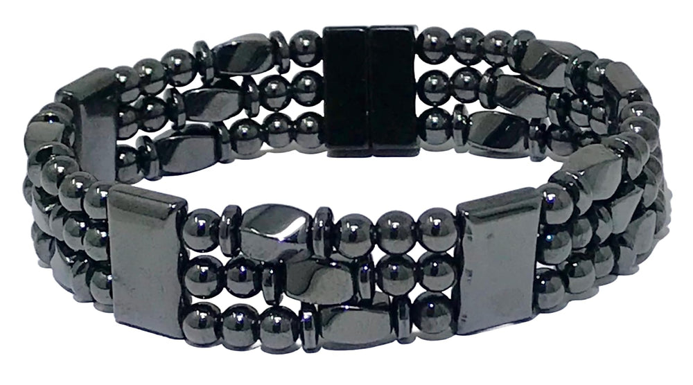 Generic Tri-Power hematite bracelet on wrist supports circulation.