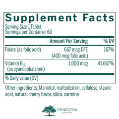 Genestra Bio B12 Folic Acid chewable tablet label close-up highlights metabolism support.