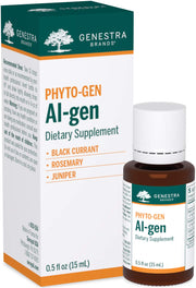 Genestra Brands Al-gen bottle label featuring black currant, rosemary, and juniper for immune support