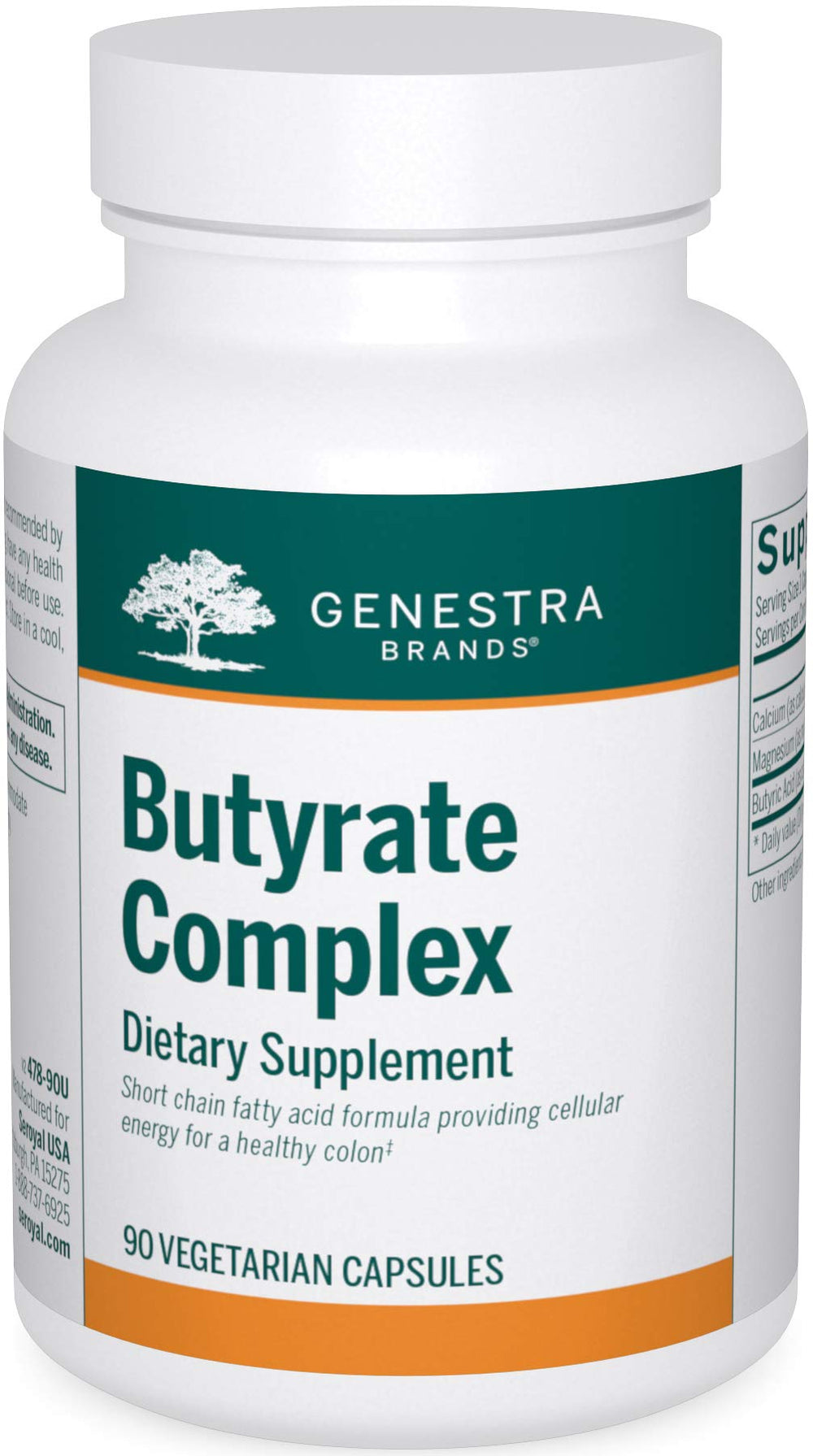 Genestra Brands Butyrate Complex bottle showing colon support with butyric acid.