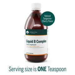 Close-up of Genestra Brands Liquid B Complex label showing vitamin spectrum for energy metabolism.