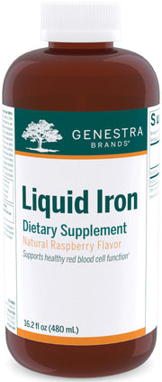 Genestra Brands Liquid Iron bottle with label, highlighting daily mineral support.