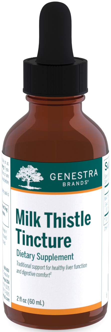 Genestra Brands Milk Thistle Tincture bottle with dropper supports convenient liver support.