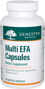 Genestra Brands Multi EFA capsules bottle front highlights a heart-friendly blend for daily wellness.