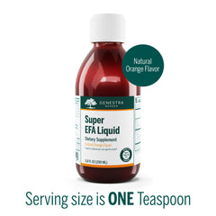 Close-up of the Super EFA Liquid label highlighting natural orange flavor