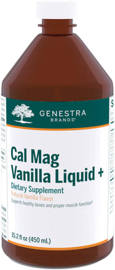 Genestra Cal Mag Vanilla Liquid bottle showing daily mineral support in a vanilla flavor.