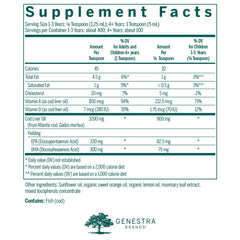 Genestra Cod Liver Oil Forte bottle label close-up showing omega-rich nutrition for development