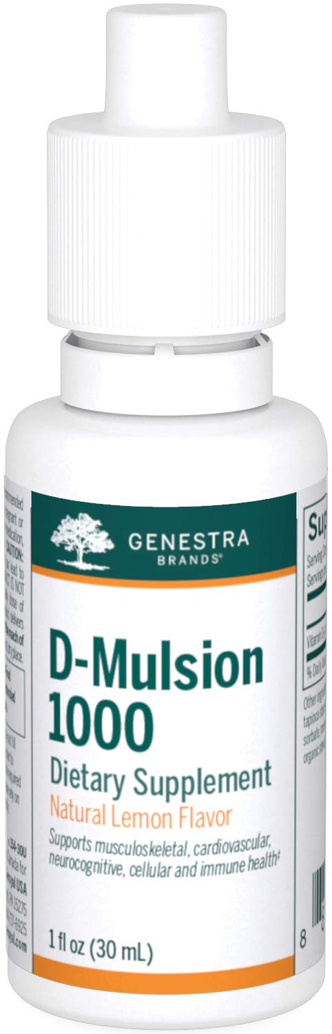 Genestra D-Mulsion 1000 lemon drops bottle on desk for convenient vitamin D support.