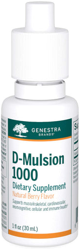 Genestra D-Mulsion 1000 bottle on a clean surface, a convenient daily vitamin D option.