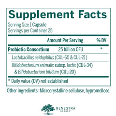 Genestra HMF Intensive bottle pour emphasizing shelf-stable probiotic convenience for travel.
