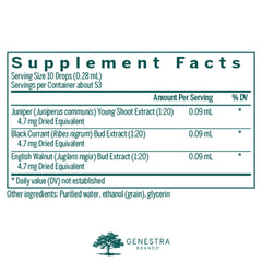 Close-up of Genestra Liv-gen ingredients highlighting juniper and black currant details.