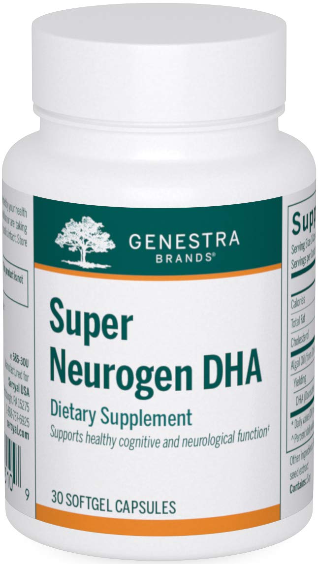 Genestra Super Neurogen DHA bottle on a clean surface for daily cognitive support.