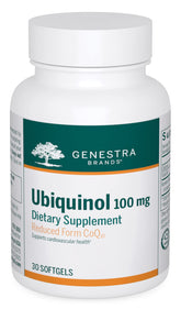 Genestra Ubiquinol 100mg softgel bottle emphasizes antioxidant support.