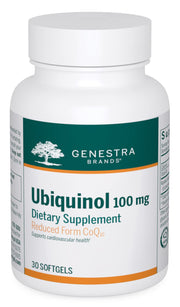 Genestra Ubiquinol 100mg softgel bottle emphasizes antioxidant support.