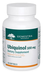 Genestra Ubiquinol 100mg softgel bottle emphasizes antioxidant support.